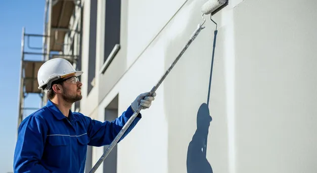 Rolling paint on a large tilt-up warehouse wall in Torrance